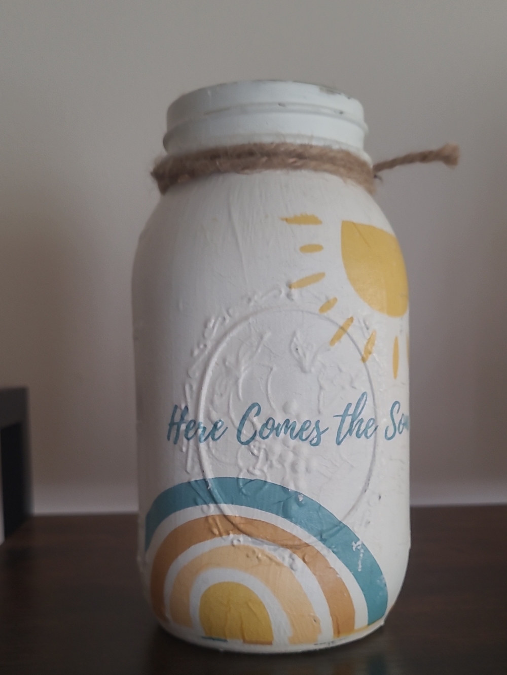 Here Comes the Sun White Decorative Mason Jar